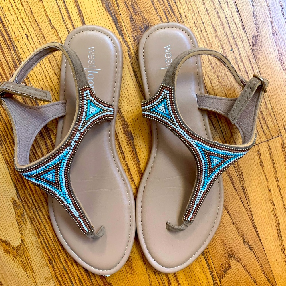 West loop Sandals Brown Beaded Women's 7/8